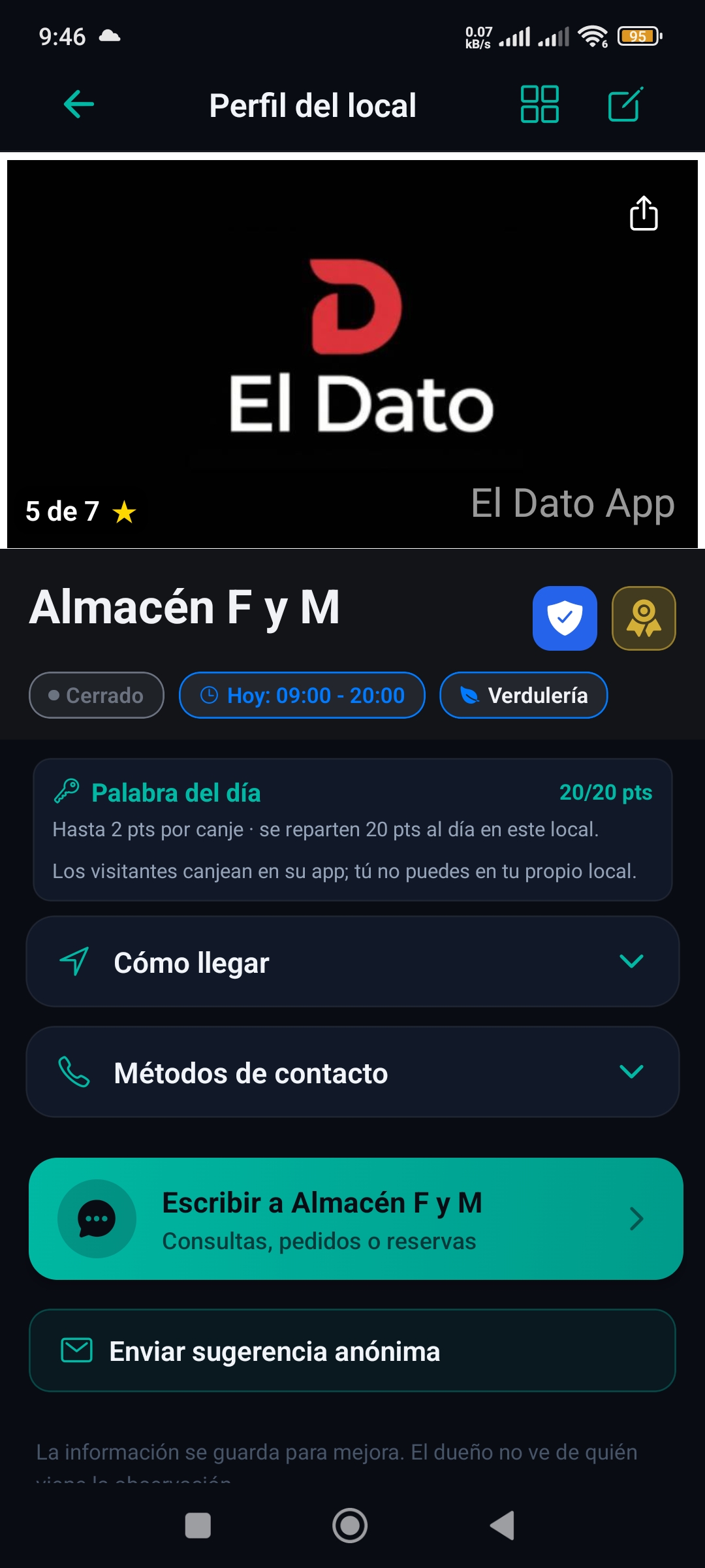 Pantalla de un negocio