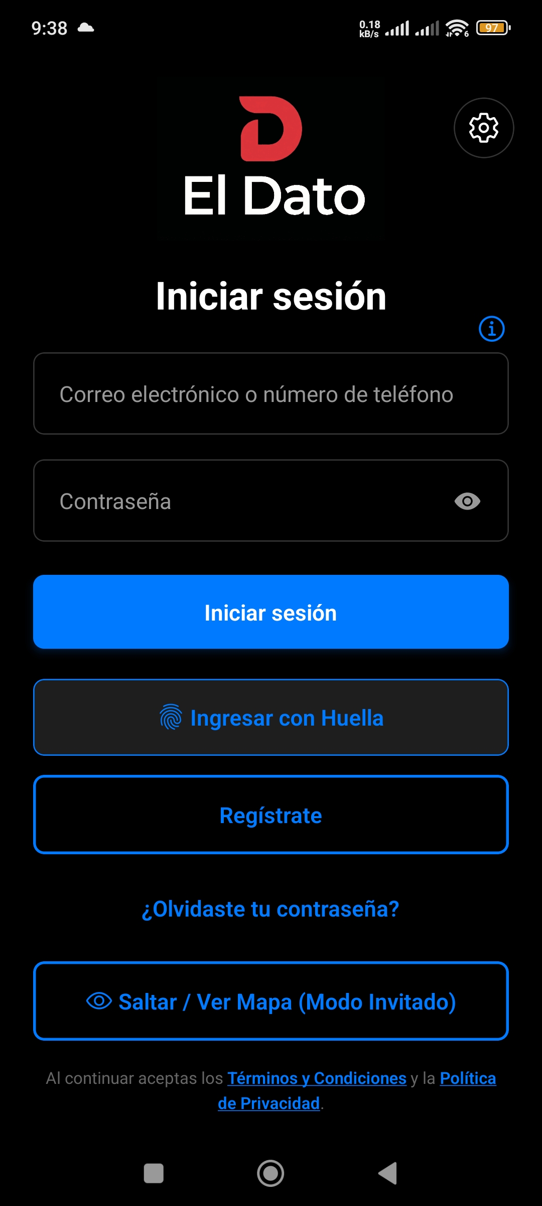 Pantalla de inicio de sesión